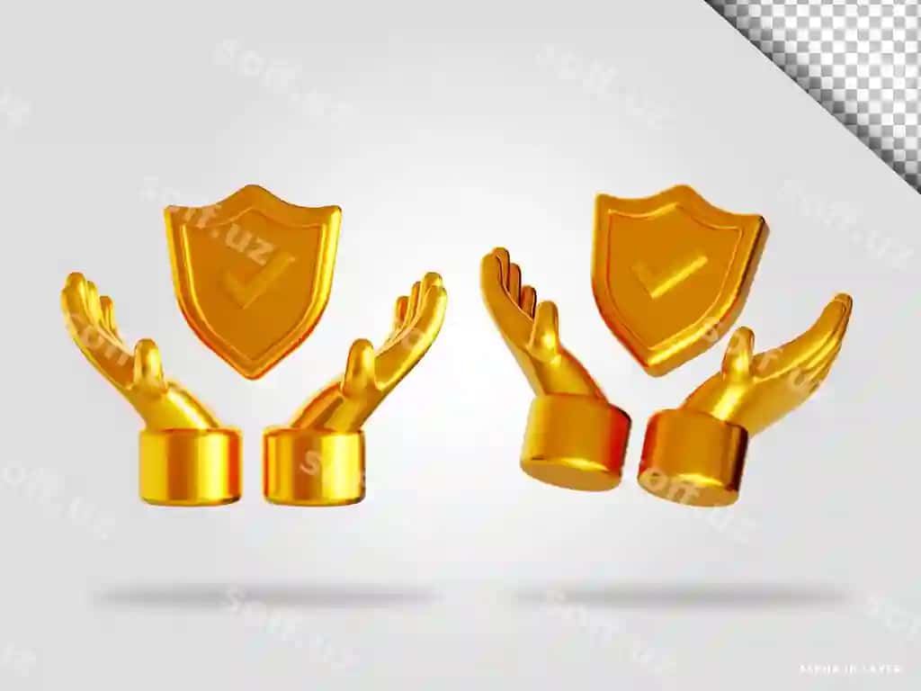 Oltin qolq shlyapasi 3D render illustratsiyasi orqatsiz | Golden hand shield 3d render illustration isolated