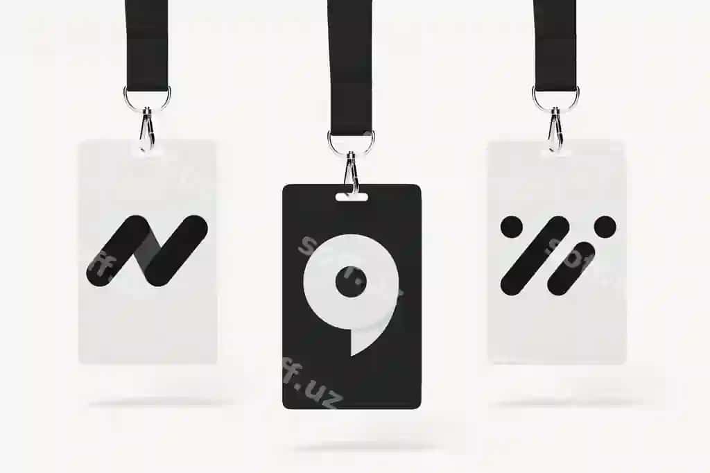 Uchta id kartasi mockup qora oq 3d dizayn psd | Three id cards mockup black white 3d design psd