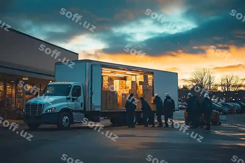 Sahna yuk avtomobilidan turli turdagi yuklarning olib chiqilishi | Scene cargo unloading from truck different types cargo