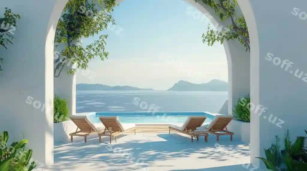Dam olish juftlik sahil yaqin havza lux sayohat traditsion mediterranean oq mimarlıq g'archa bilan quyosh yozgi dam olish kontseptsiya xursand manzara dam olishadi | Vacation couple beach near swimming pool luxury travel traditional mediterranean white architecture with arch sunshine summer vacation concepthappy viewpoint enjoys