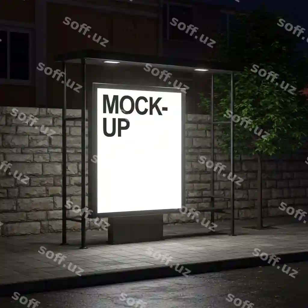 Avtobus bekatidagi reklama maketi kechasi | Bus stop advertising mockup night