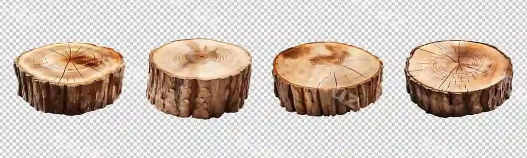 Kesilgan daraxt germekining to'plamasi ajraltirilgan shaffof orqa fonda | Collection set cut tree trunk isolated transparent background