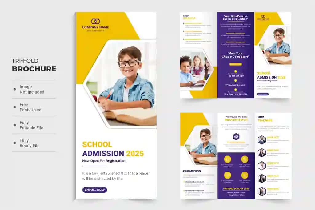 Maktabga qabul qilish bo'yicha o'quv broshyurasi dizayni marketing akademiki | School admission educational brochure design marketing academic