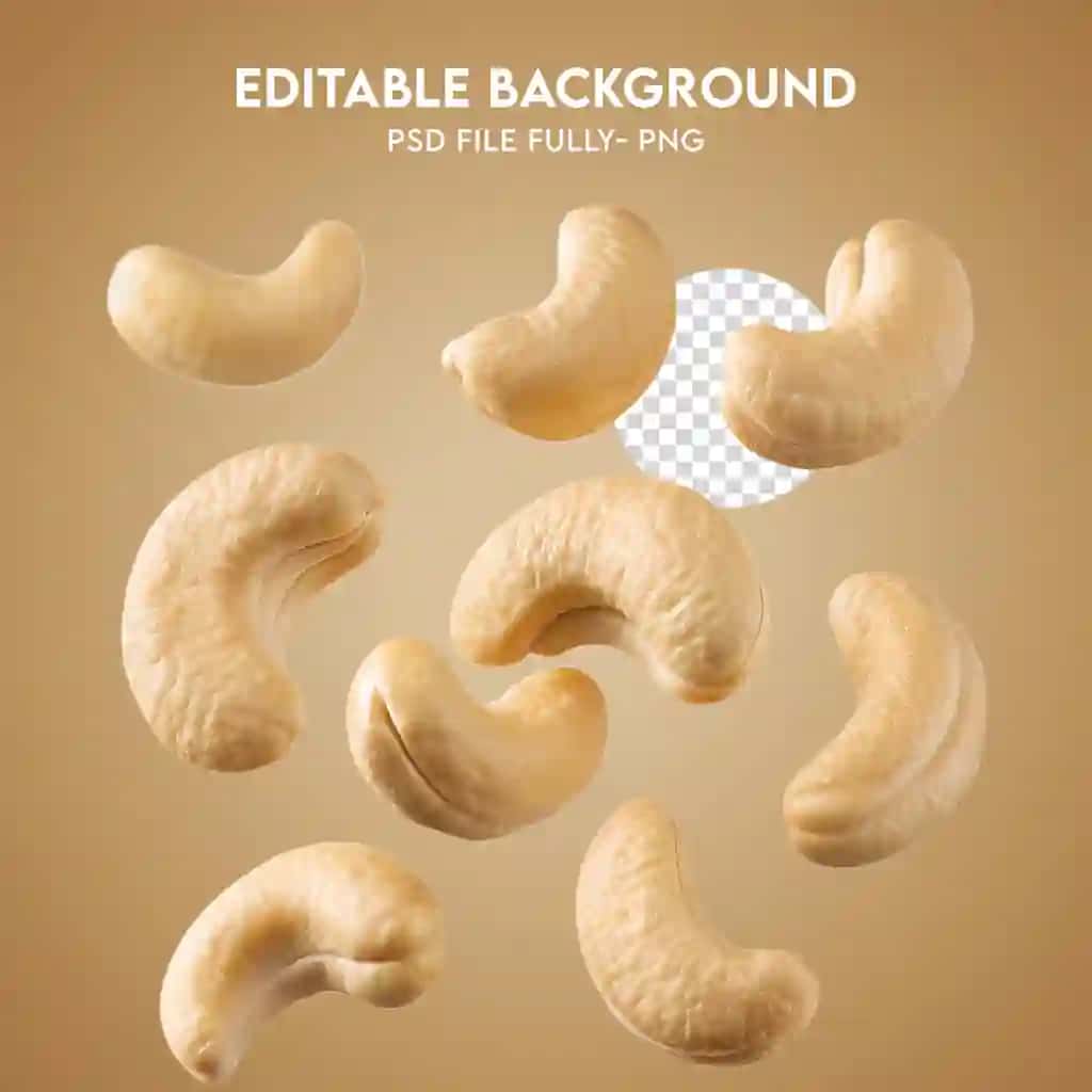 Tahrirlanadigan fonga ega suzuvchi kaju yong'oqlari | Floating cashew nuts with editable background