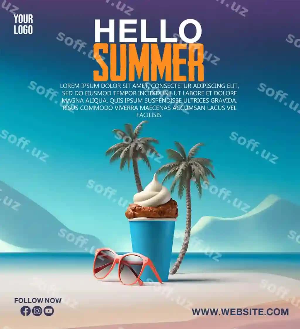 Psd salom yozgi poster plyaj sahnasi, so'z bilan tropik orol | Psd hello summer poster beach scene with tropical island with word