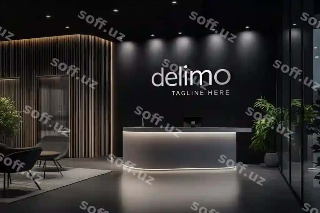 Qora devor ofis qabulxona logo namunasi | Black wall office reception logo mockup