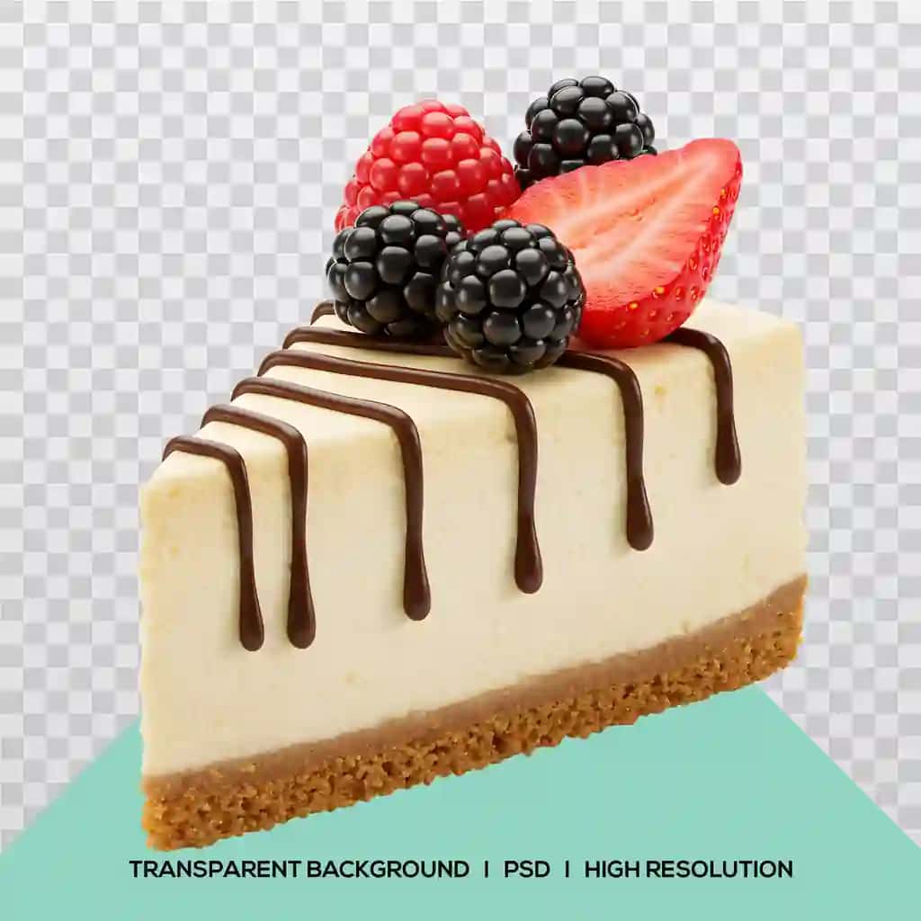 Yangi rezavorlar shokolad drizzle bilan Cheesecake tilim izolyatsiya shaffof | Cheesecake slice with fresh berries chocolate drizzle isolated transparent