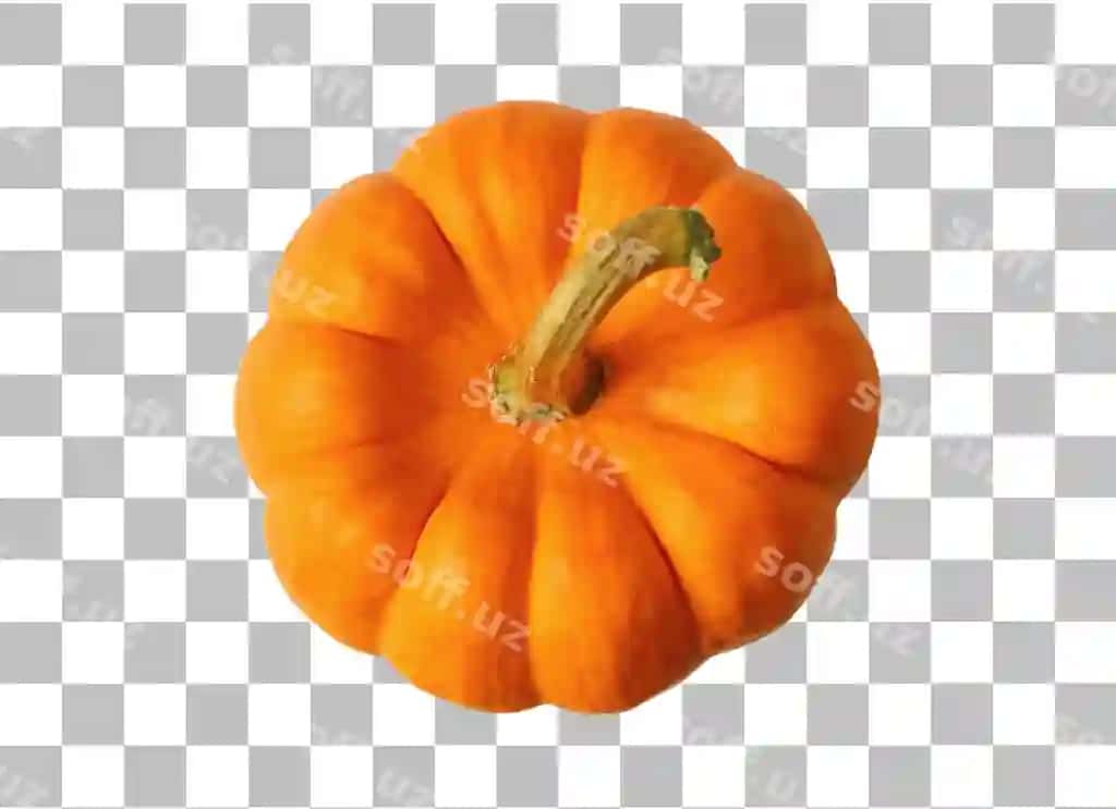 Yuqori ko'rinishda parlak apelsin rangli o'zgarmagan qovoq, ajraltirilgan shaffof orqa fonda | Top view vibrant orange ripe pumpkin isolated transparent background