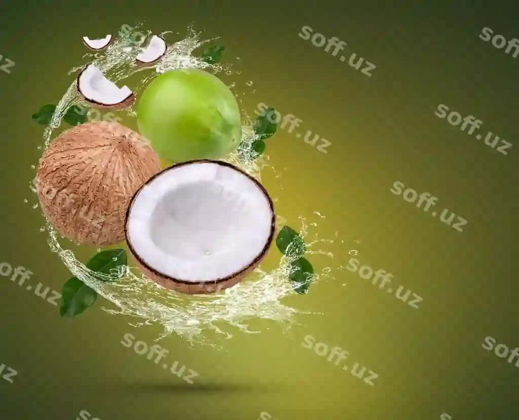 Suvoq splash naxshab bergamot yaproqlari bilan ajraltirilgan yashil fonda | Water splash coconut with bergamot leaves isolated green background