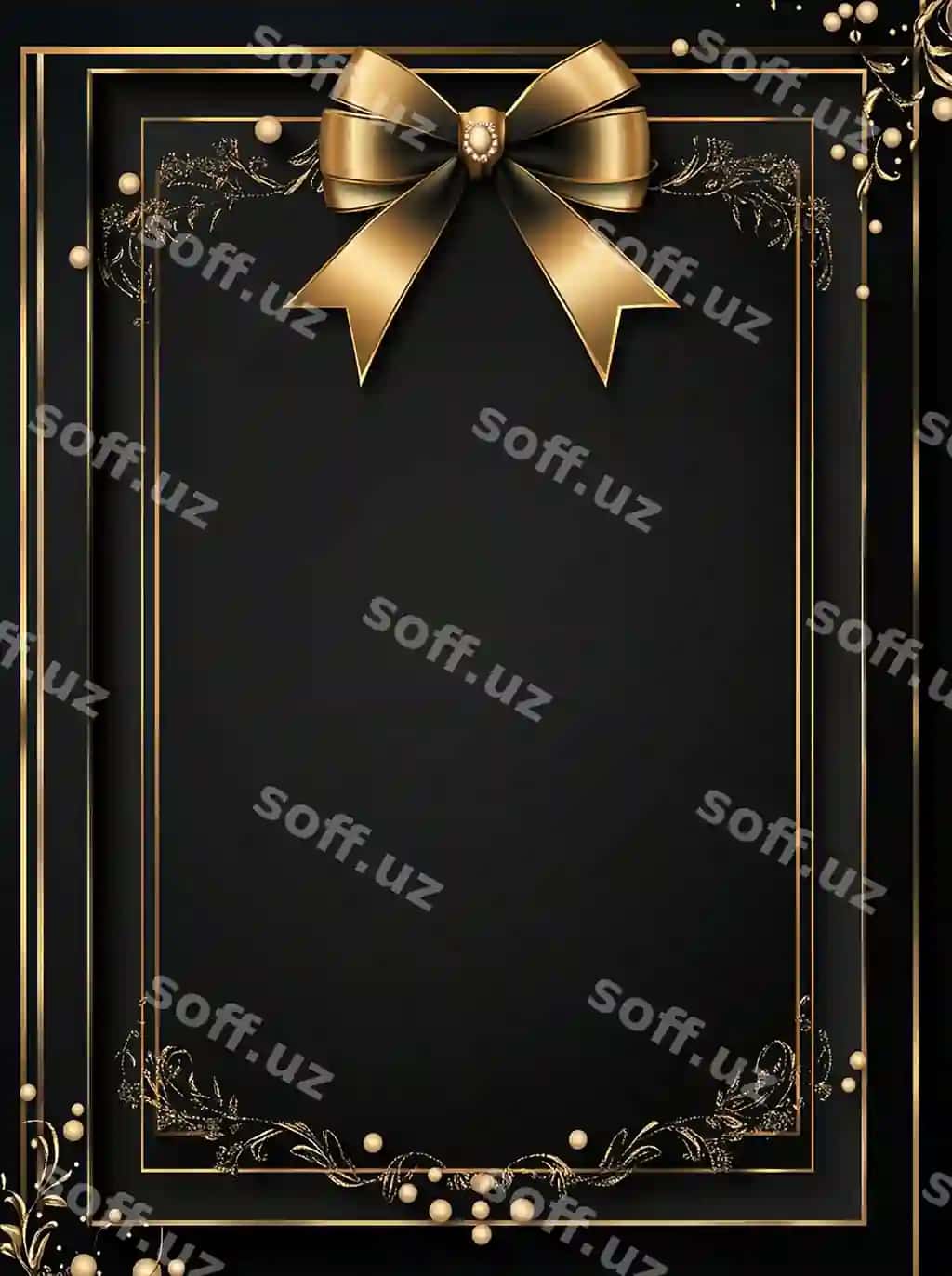 Qora fonda o'tpashiq dekoratsiyalar bilan bo'sh kvadrat qaytmasiz bow insho'q o'tpashiq chegaralar vektor | Black background with gold decorations empty square with ribbon bow pearls gold borders vecto