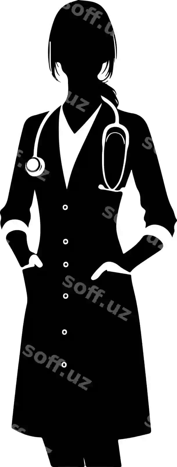 Ayol doktor vektor silueti tik pozitsiyada qora rangli siluet | Female doctor vector silhouette standing pose black color silhouette