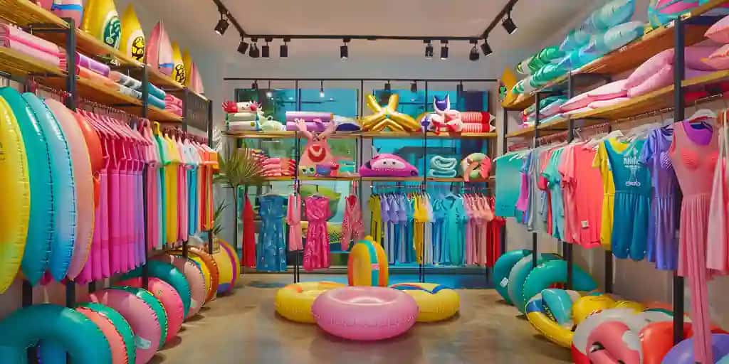 Yorqin plyaj kiyimlari shishiriladigan floats sotuvchisi generativ ai | Bright beachwear inflatable floats retailer generative ai