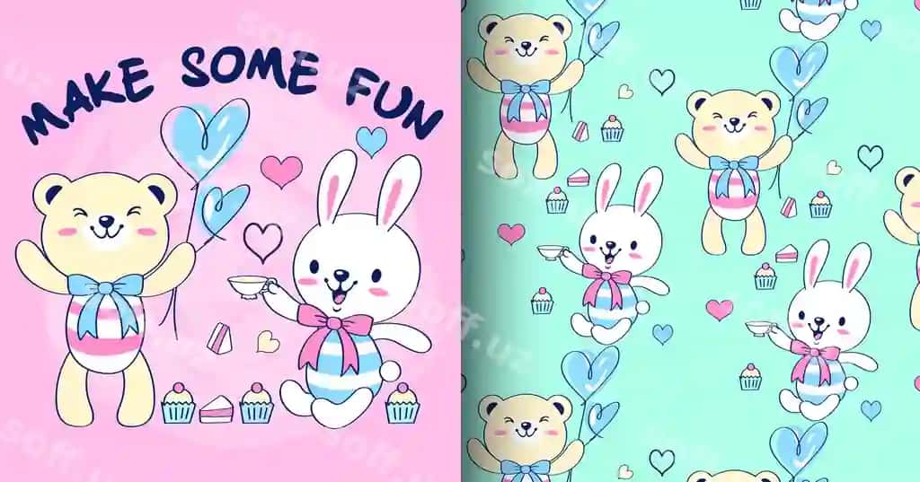 Qol qozonatilgan sevimli ayiq-tulki namuna kartochkasi | Hand drawn cute bear rabbit pattern card