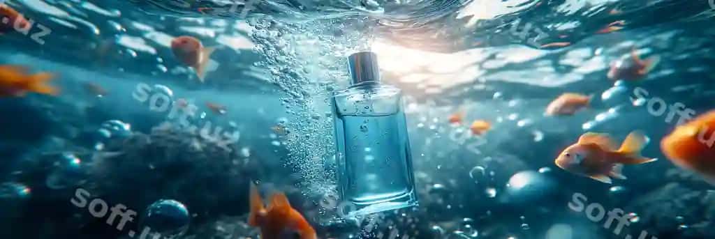 Soyn okean sahnasi yorqin ko'k parfyum shishasi tushadi | Serene ocean scene light blue perfume bottle falls