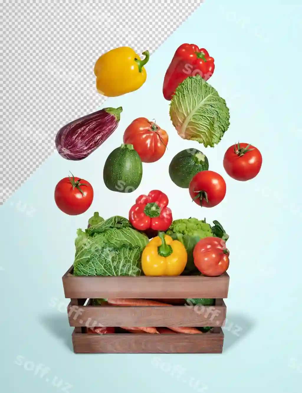 Sabzavotlar uçadigan yongoq quti namunasi | Vegetables flying wooden box mockup 2