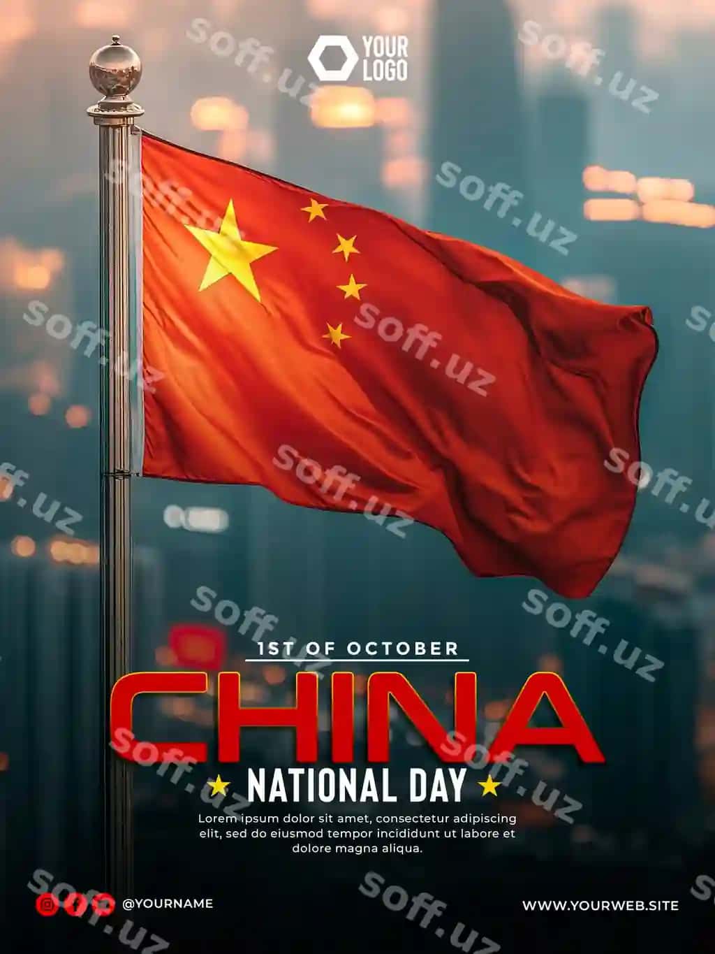 Xitoy Millat kuni ijtimoiy tarmoqlar uchun poytaksi dizayni, shahar foni bilan bayroq | China national day social media poster design with flag city background