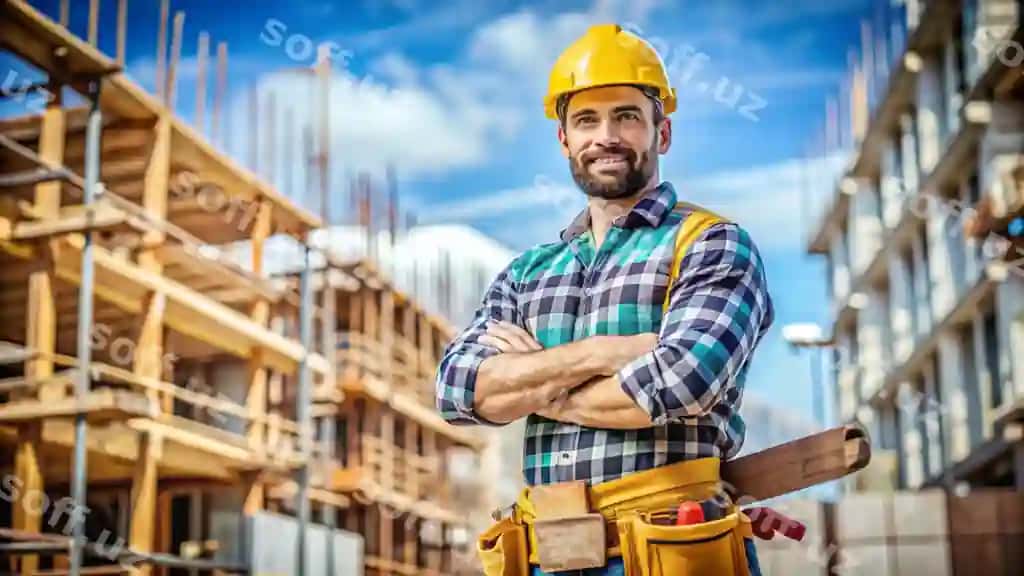 Qurilish ishchisi qo'llari qaramay qora kaska taqgan. | Construction worker with his arms crossed wearing hard hat