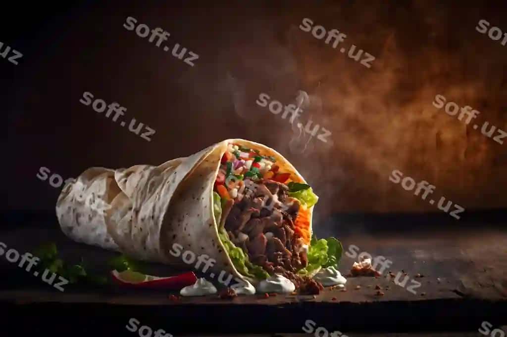 Katta shawarma kebab qovurilgan od ko'cha ovqati sandvich gyro yangi lavash pita non tovuq mol go'shti shawarma 3D illustratsiya | Big shawarma kebab fried fire street food sandwich gyro fresh roll lavash pita bread chicken beef shawarma 3d illustration