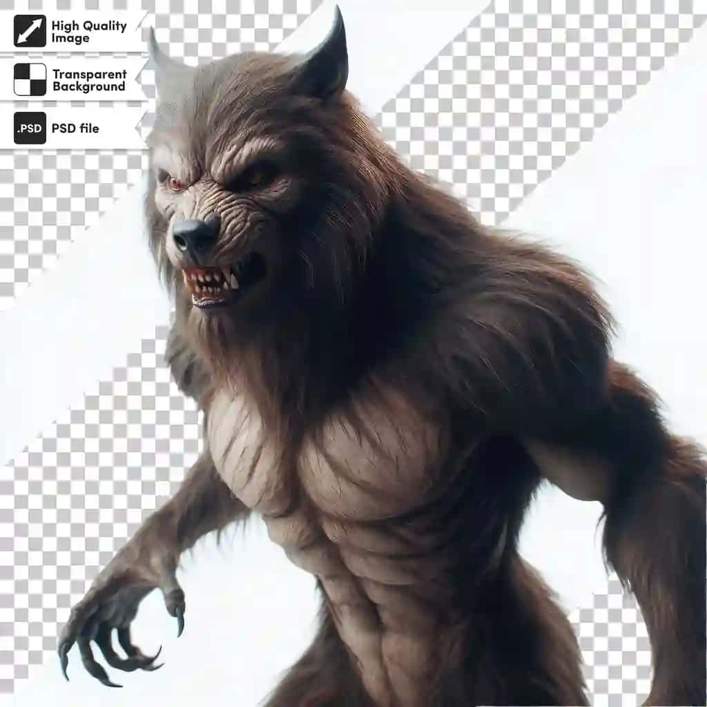 Psd bo'ri lycanthrope shaffof fonida tahrirlanadigan niqob | Psd werewolf lycanthrope transparent background with editable mask