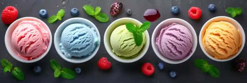 To'q rangli fonda turli xil muzqaymoqlar qatori oq piyola | Assorted ice creams row white bowls dark background