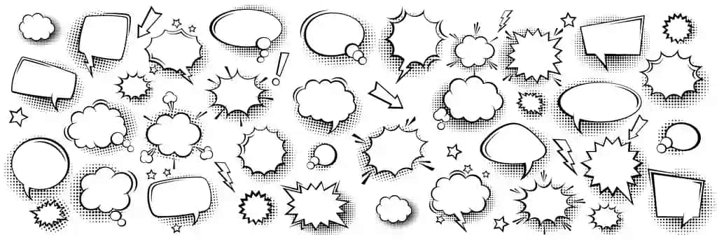To'plam bo'sh kulgili nutq pufakchalari qo'lda yarim ohangli soyalar | Collection empty comic speech bubbles with halftone shadows hand