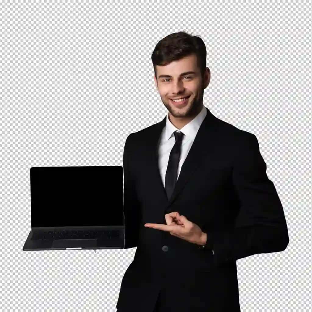 Quvnoq yosh ishbilarmon odam noutbuk kompyuterini ko'rsatmoqda | Cheerful young business man showing display laptop computer
