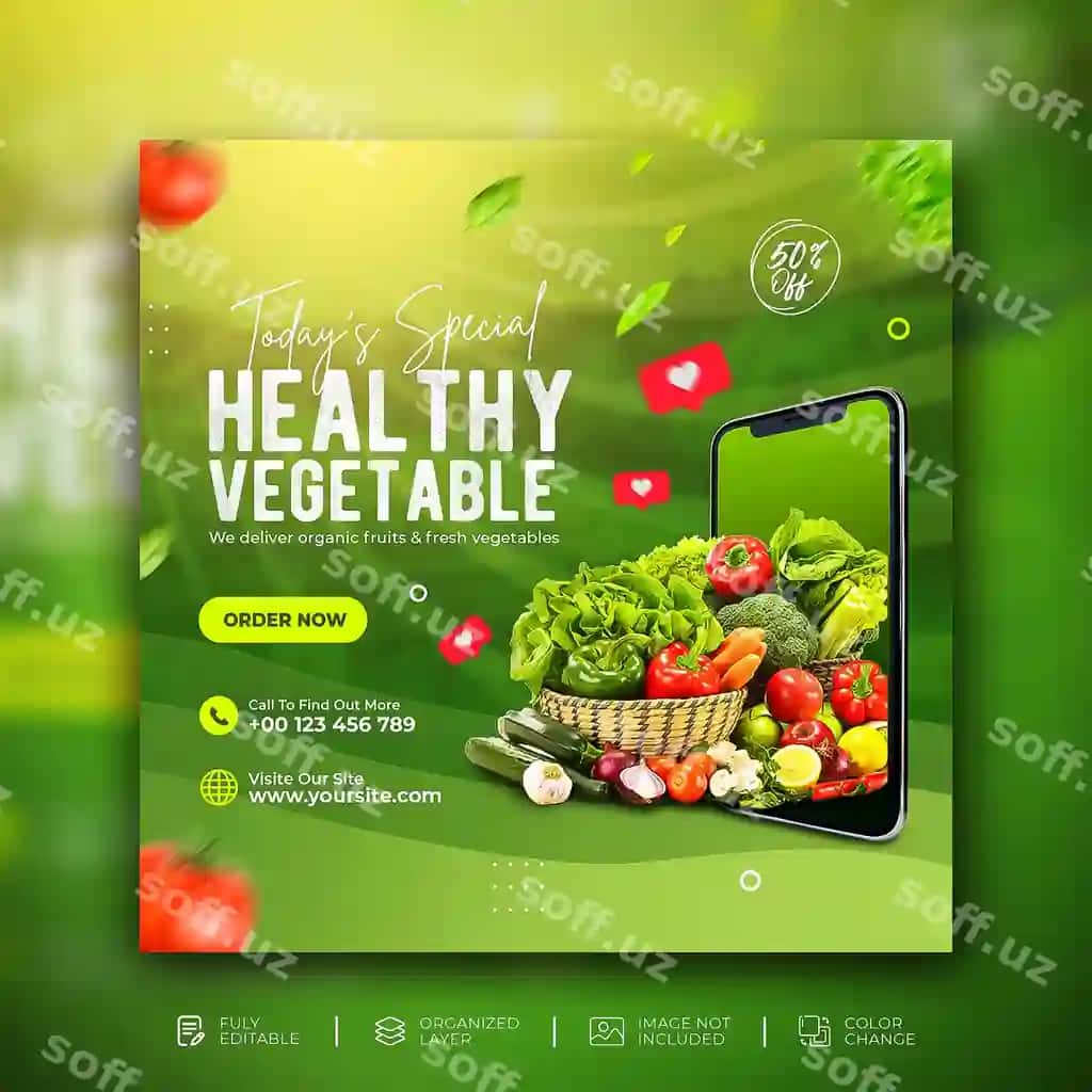 Bozor sabzi sotuvi uyga yetkazib berish Ijtimoiy tarmoqlarda reklama posti | Grocery vegetable sale home delivery social media promotion post