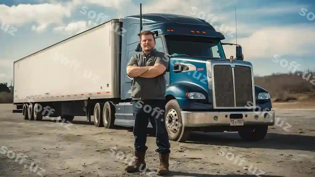Portret professional AQSH yuk haydovchi sovuq kiyimlar botinka oldida turgan | Portrait professional american truck driver casual clothing boots standing front tr