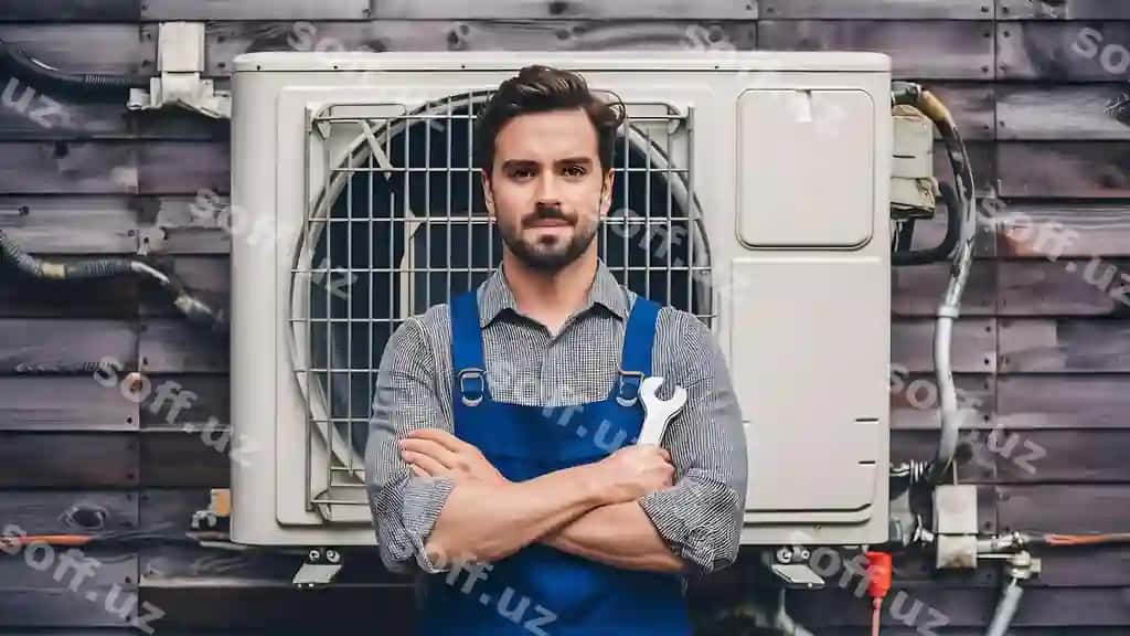 Er gayka kalit bilan orqa fonda konditsioner | Man with wrench background air conditioner