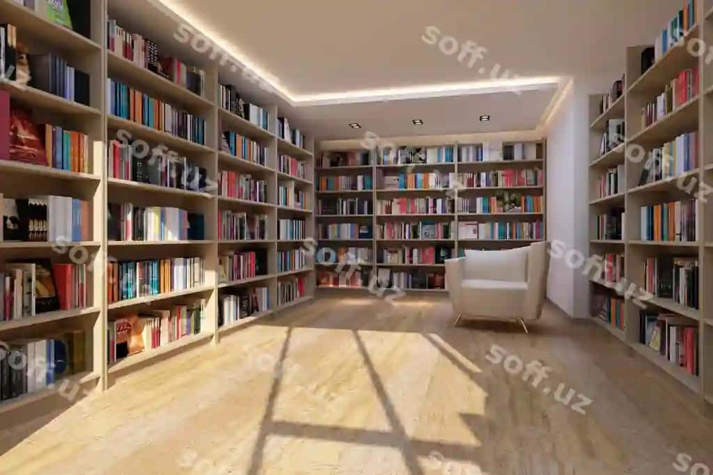 Kutubxonada turli xil kitoblar joylangan yog'ochli shisha raftoqlar 3D illustratsiyasi | Wooden glass shelves with different books library 3d illustration