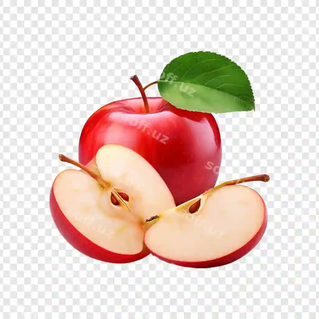Butun kesilgan qizil olma yashil varaq bilan ajraltirilgan shaffof fonda | Whole sliced red apple with green leaf isolated transparent background