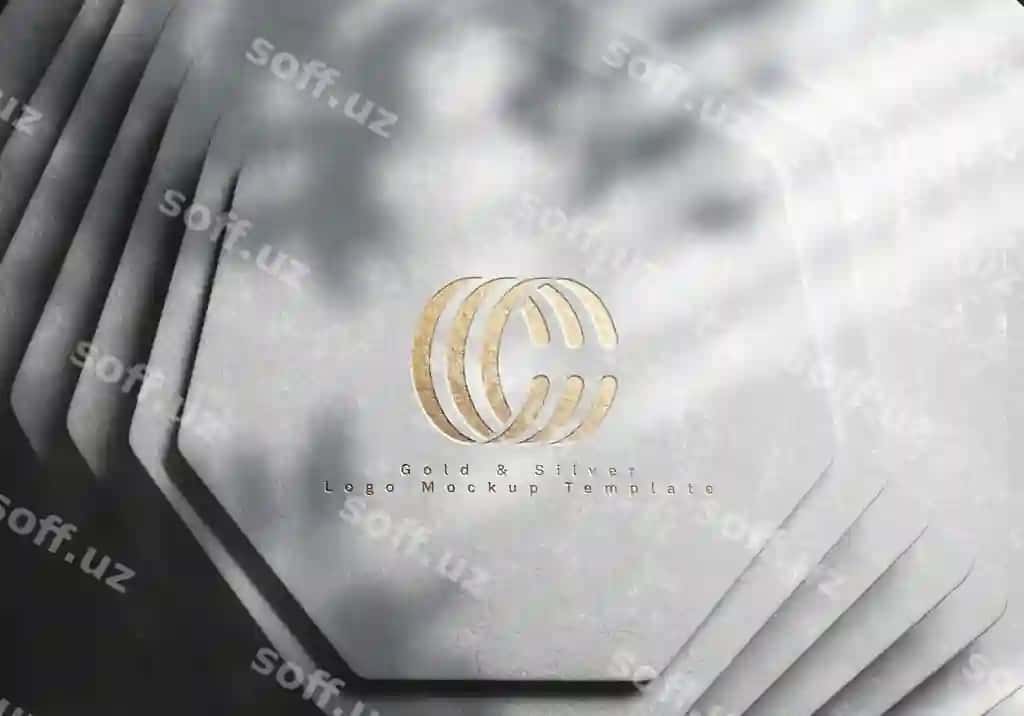 Oq olygone devori oltin kumrush logotip namuna shabloni | White hexagon wall gold silver logo mockup template