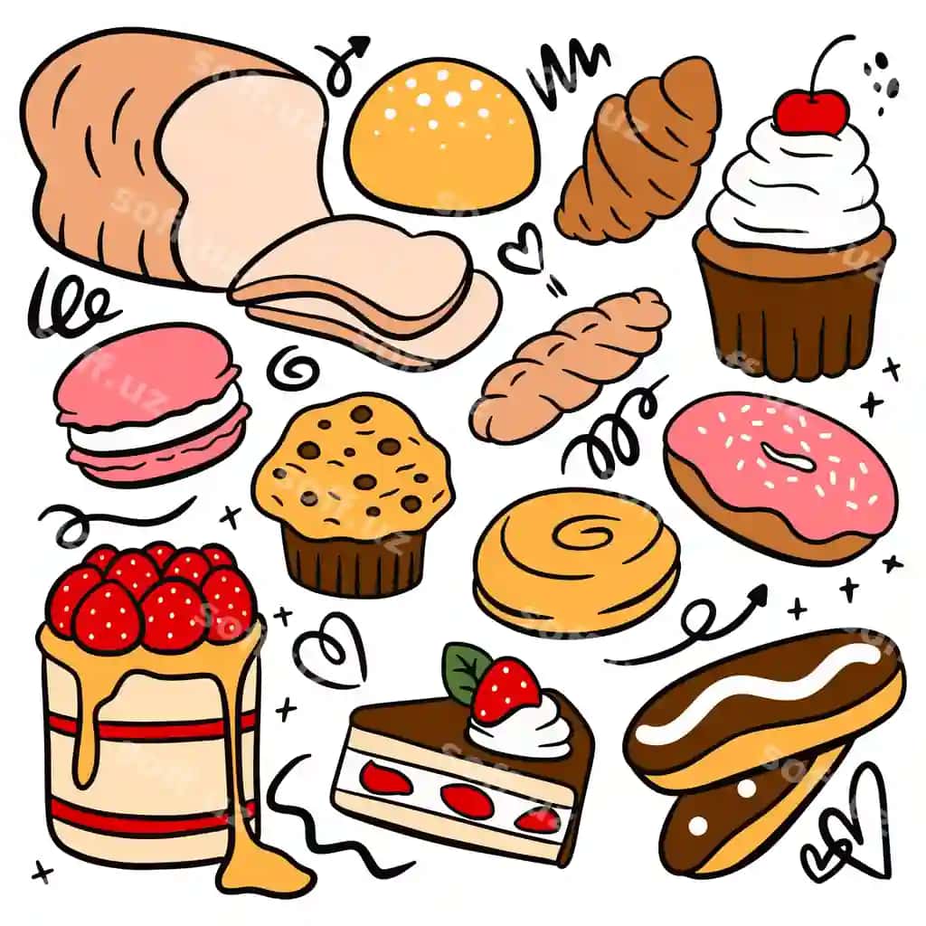 Pekarlik shirinligi doodle uslubi vektor illustratsiyalari komplekti | Set bakery pastry doodle style vector illustration