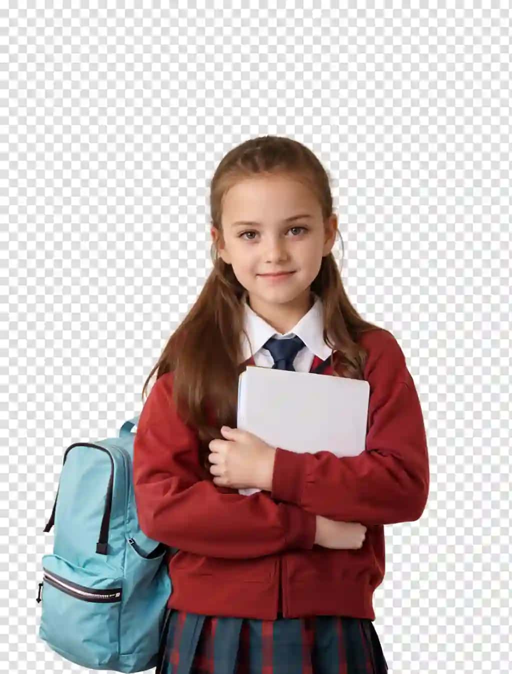 Baxtli maktab o'quvchisi ryukzak kitobi bilan qo'llari shaffof | Happy child school girl with backpack book her hands isolated transparent