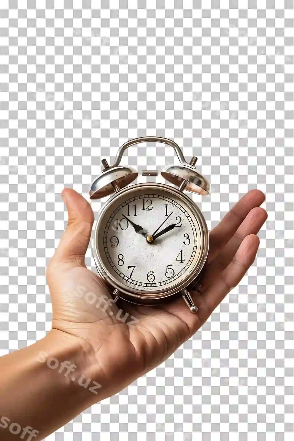 Shaffof fonda izolyatsiya qilingan uyg'otuvchi soatni ushlab turgan qo'l | Hand holding alarm clock isolated against transparent background