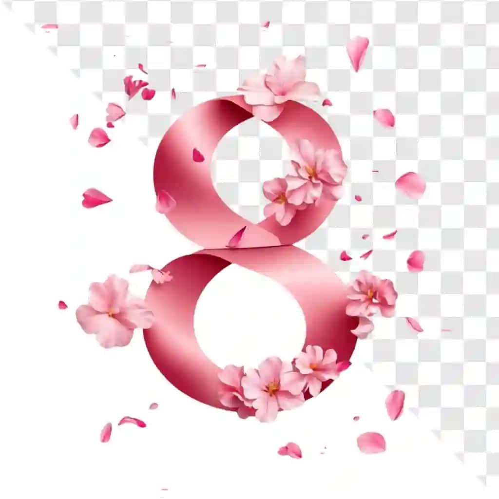 Pushti lenta sakkizta gul barglari bilan suzuvchi nozik bayram | Pink ribbon eight with flowers petals floating delicately celebration