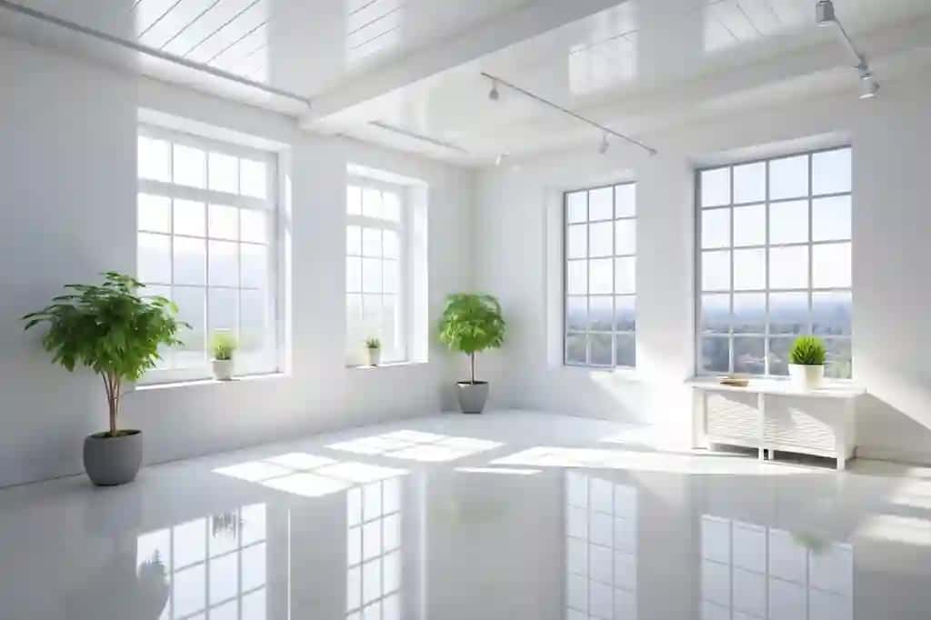 Oq xonaning ichki qismidagi derazadan tushadigan yorug'lik 3D renderlash | Light from window white room interior 3d rendering