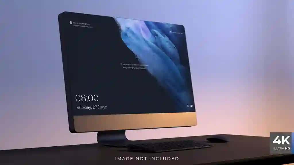 Sichqoncha klaviaturasi bilan ish stoli ekrani maketi 3D render | Desktop screen mockup with mouse keyboard 3d render