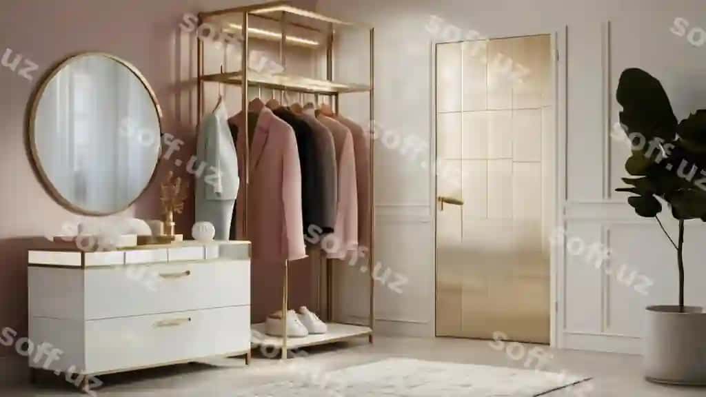 Xona shkafda oq komad, oq qutida oltin tagi oldida | Room with closet with white dresser white box with gold tag front