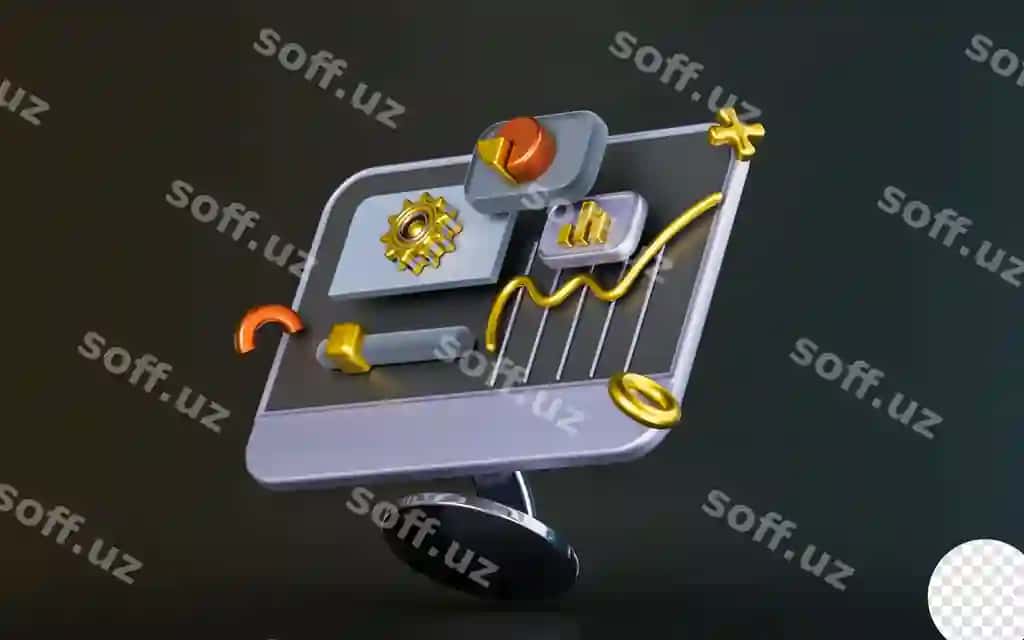 Kompyuter monitor belgi shatunli chiziqli diagramma qorong'iq fonda 3D render | Computer monitor sign with gear pie chart dark background 3d render