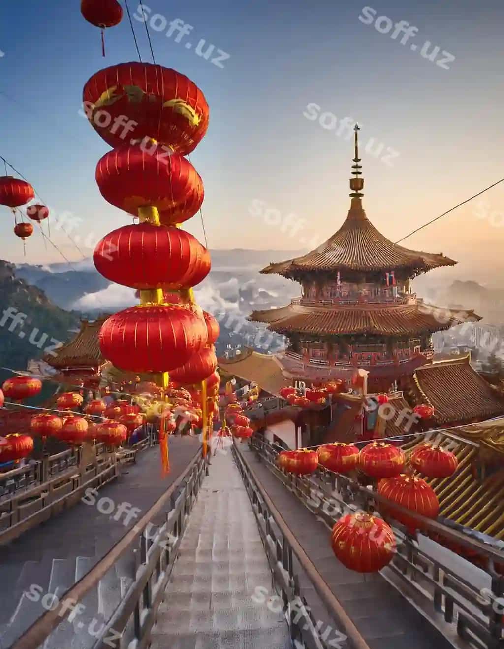 Qizil xitoy lanternasi chuqur bo'lib turadi, unda xitoy lanternalari bor. | Red chinese lantern is staircase with chinese lanterns it