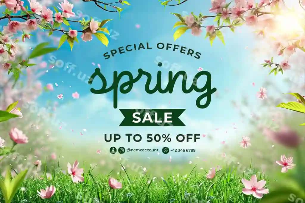 Bahor sotuv baner shabloni orqa fonda gullar chaman bahor | Spring sale banner template with background flowers grass spring