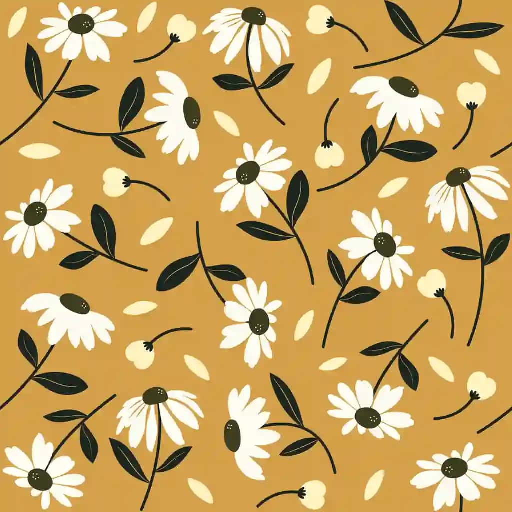 To'q yashil barglari yumshoq, to'q sariq ko'k bej rangli gullar bilan naqsh | Pattern with flowers orange blue beige with dark green leaves soft