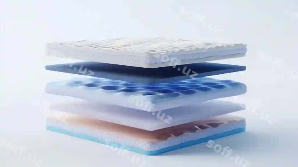 Turli xil ko'pikli gel qatlamlarini namoyish etuvchi ko'ndalang kesimli ko'p qatlamli matras | Crosssection multilayered mattress showcasing various foam gel layers designed