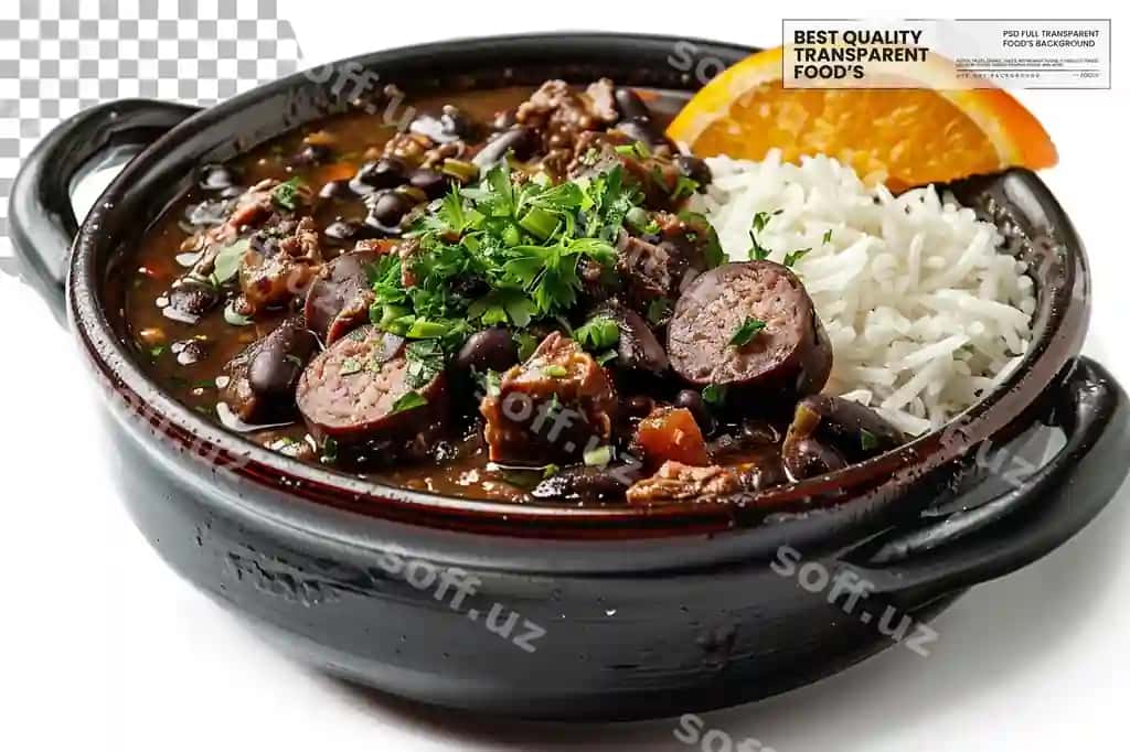 Feijoada Braziliya milliy ta'moni, qalin qora mohniy chorto'qi, shaffof | Feijoada brazils national dish hearty black bean stew transparent