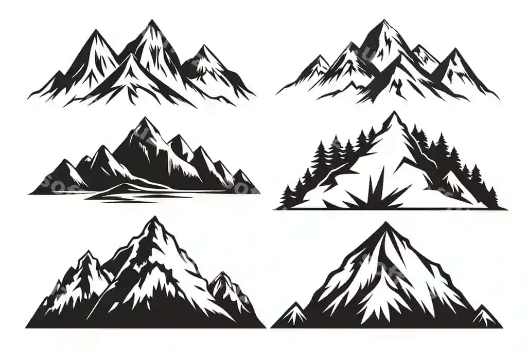 Vintjoz monokrom to'pka chizmalar komplekti retro to'pka illustratsiyalari | Vintage monochrome mountain clipart set retro mountain illustrations