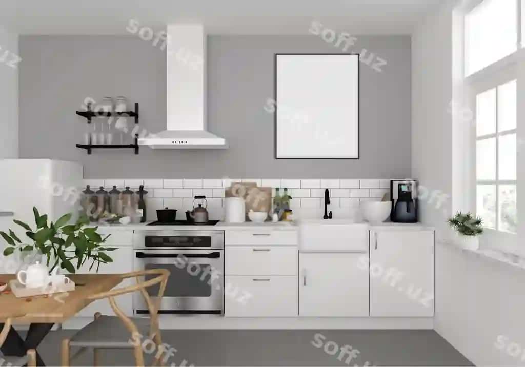 Skandinaviy oshpazlik vertikal fotosurat ramkasi bilan | Scandinavian kitchen with vertical photo frame