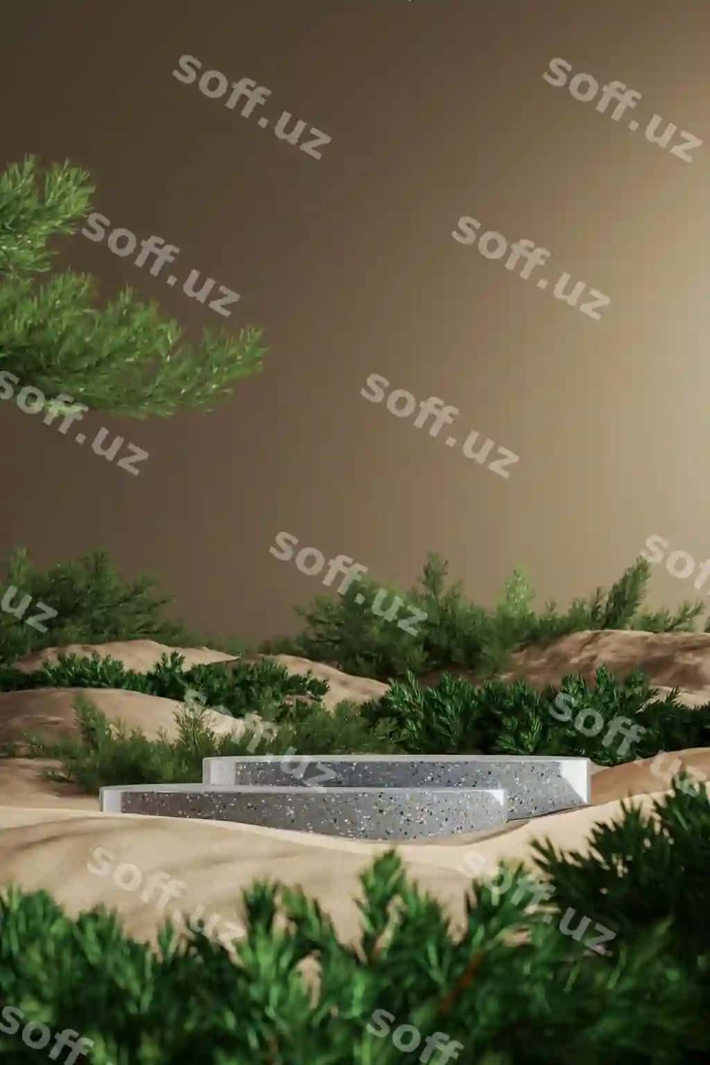 2 daraxtli kulrang marble podstavka sandiyoq kichik o'simliklar mockup sahna anstrakt mockup sahna | 2 tier gray marble pedestal sand small plants mockup scene abstract mockup scene