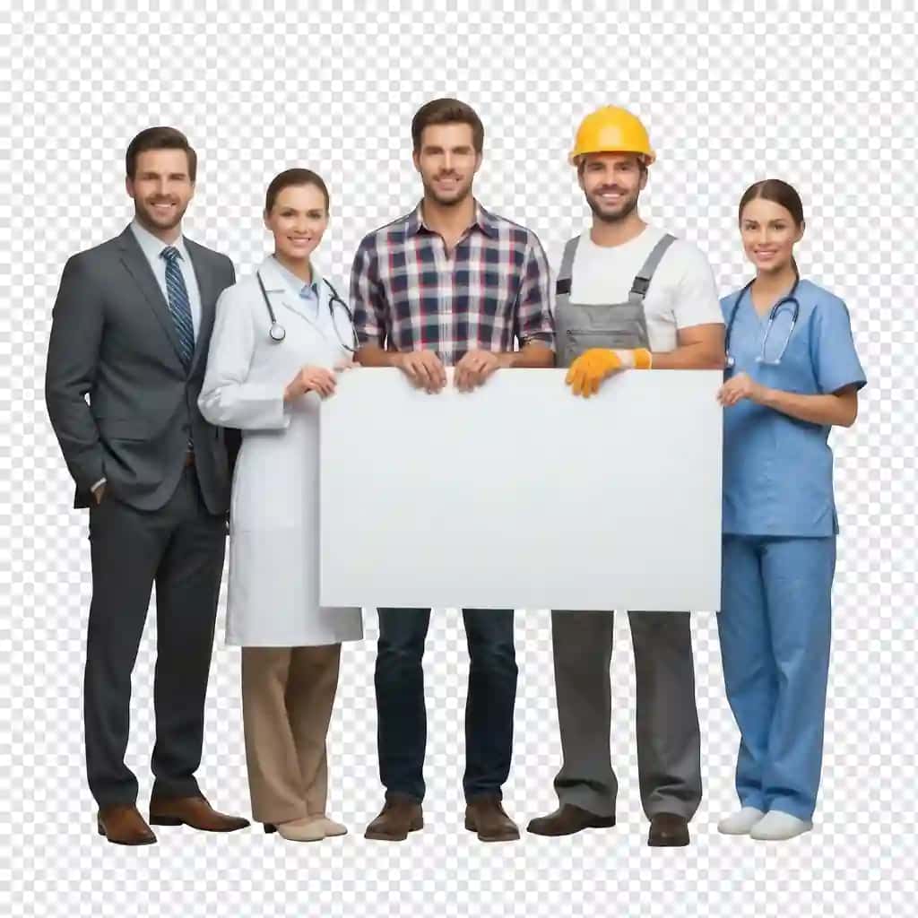 Turli kasb egalari oq varaqlarni ushlab turishibdi | Diverse professionals from various occupations holding blank white