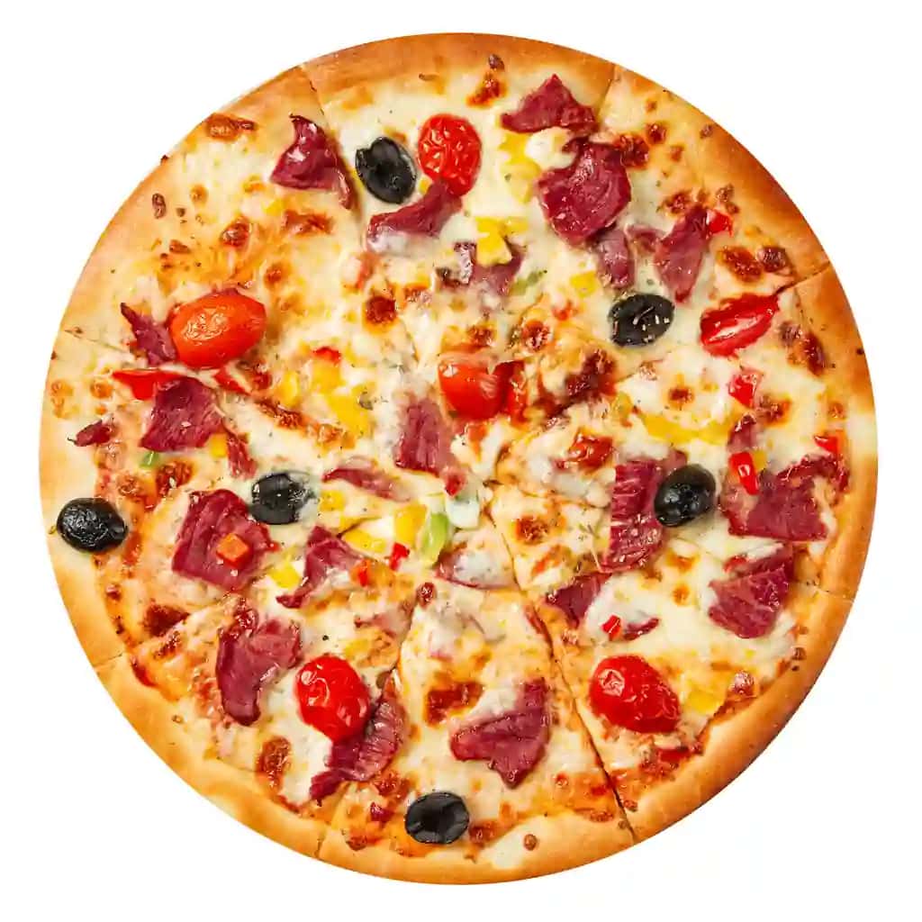 Oq go'shtli sabzavotli izolyatsiya qilingan pizza | Isolated pizza with meat vegetables white
